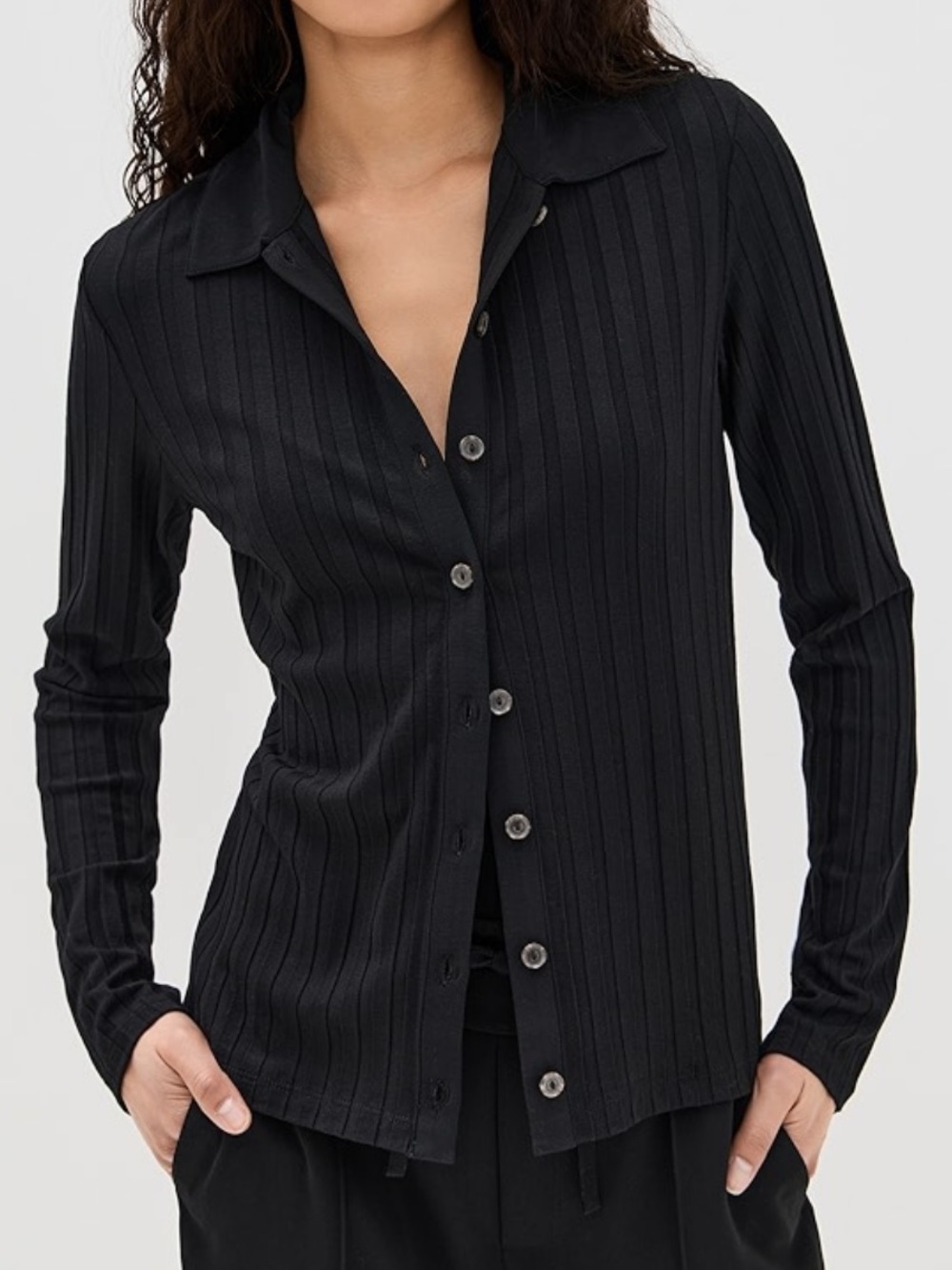 Vince Black Ribbed Collared Button-Up Blouse